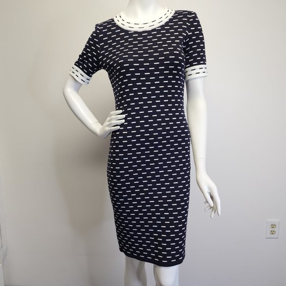 Misook Womens XS Petite Short Sleeve Knit Dress Navy Blue White Dashes & Trim - Picture 2 of 14